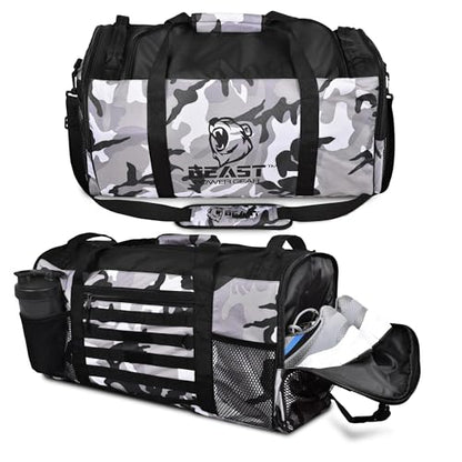 Beast Power Gear Gym Duffle Bag- Workout, Boxing, MMA, Sports Bag with Shoes Compartment and Adjustable Shoulder Strap for Men and Women (Gray Camo) - color: Gray Camo