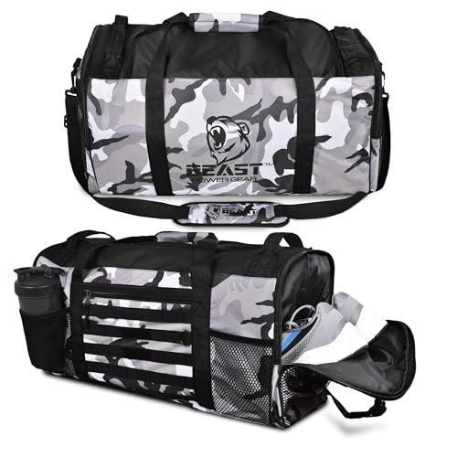 Beast Power Gear Gym Duffle Bag- Workout, Boxing, MMA, Sports Bag with Shoes Compartment and Adjustable Shoulder Strap for Men and Women (Gray Camo) - color: Gray Camo