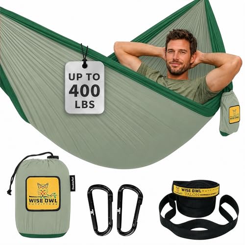 Wise Owl Outfitters Camping Hammock – up to 500lbs Portable Hammock with Tree Straps - Travel, Backpacking, Hiking, Outdoors Camping Gear - Single or Double - color: Sage & Dark Green, size: Single