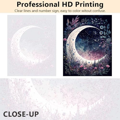 TUMOVO Moon Floral DIY Paint by Numbers Kit for Adults Arts Craft on Canvas | Moon 16x20 inch canvas kit with acrylic paints and 3 brushes, stress-relief painting kit for a calming hobby. - color: Moon