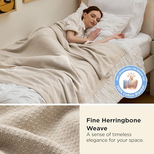 Bedsure 100% Cotton Blanket, Herringbone Weave, Twin-XL, Linen Beige | Cooling, Breathable, Lightweight, Soft, Ideal for Summer Nights, Dorm Room Essentials for College, Room Decor, 66x90 Inches - color: 01 - Linen Beige, size: Twin XL