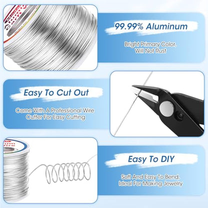 Modacraft 20 Gauge Silver Aluminum Jewelry Wire, 400FT with Wire Cutters | 0.8mm Soft bendable silver craft wire perfect for jewelry coiling, beading, sculpting and various DIY crafting activities - color: Silver, size: 20 Gauge