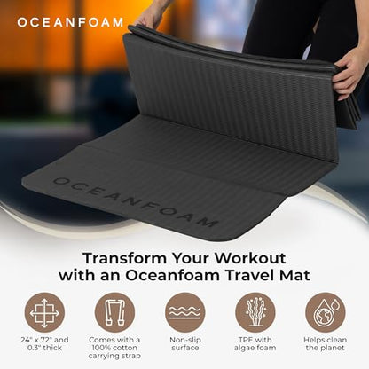 Oceanfoam Travel Workout Mat – 0.3" Thick Folding Exercise Mat for Yoga, Pilates, & Fitness – Non-Slip with Cotton Carrying Strap, Made with Sustainable Algae Foam – 24" x 72" (Charcoal) - color: Charcoal