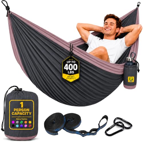 Durable Hammock 400 lb Capacity, Nylon Camping Hammock Chair - Double or Single Sizes w/Tree Straps and Attached Carry Bag - for Travel/Backpacking/Beach/Backyard (Medium, Dark Grey & Dusty Pink) - color: Dark Grey & Dusty Pink, size: Medium
