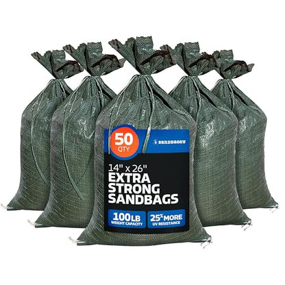 Sandbaggy - Heavy Duty Empty Sandbags For Flooding (14" X 26") - Poly Sand Bags - Flood Barrier, Weight, Construction, Earth Bag Homes - Reusable, UV Resistant - Tie Strings Attached (50 Bags) - size: 50 Count (Pack of 1)