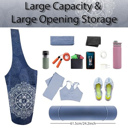 Yoga Mat Bag Yoga Tote Bag with Large Pocket and Zipper Pocket Yoga Mat Bag Carrier Fit Most Size Mats and All You Stuff - color: dark blue