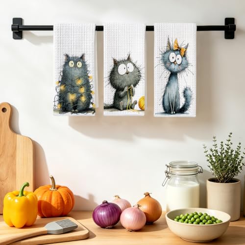 3 Pcs Funny Cat Kitchen Towels, Cute Cats Gifts Reusable Hand Towels-01 - color: Multi 1627