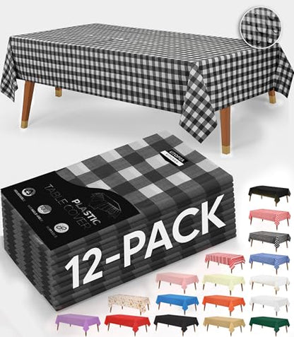 Utopia Kitchen Plastic Table Cloth Disposable [Black Check, 12 Pack] | Rectangle Tablecloth Waterproof Stain Resistant Party Table Cover - color: Black Check, size: 54X108 Inch - 12PC