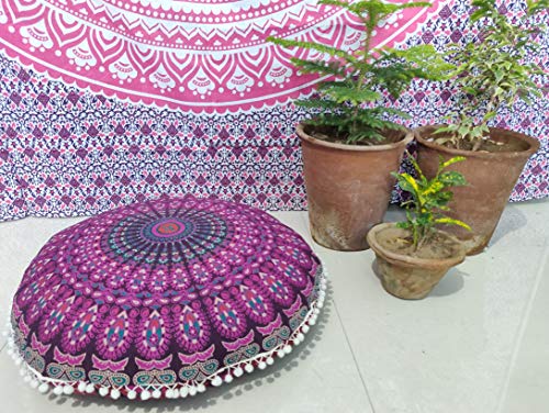 INDIAN CRAFT CASTLE 24" Pink Peacock Mandala Barmeri Large Floor Pillow Cover Cushion Meditation Seating Ottoman Throw Cover Hippie Decorative Zipped Bohemian Pouf Ottoman Pom Pom Cases 24" Round - color: Pink, style: 24 Inch Round