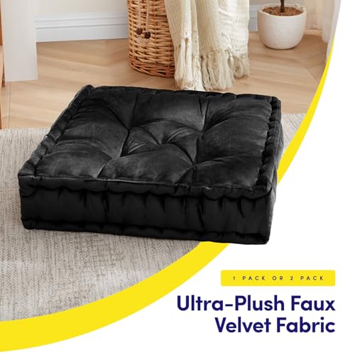 Sweet Home Collection Floor Pillow Large Square Tufted Decorative Cushion. Faux Velvet Fabric Ultra Thick Fill for Kids and Adults, Black(Pack of 1) - color: Black, size: 1 Pack