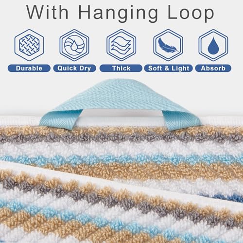 VOOVA & MOVAS Striped Towels 6 Pack, 100% Cotton, Blue Gray Beige - color: Blue + Gray + Beige Striped, size: 6 PCS Bathroom Towels