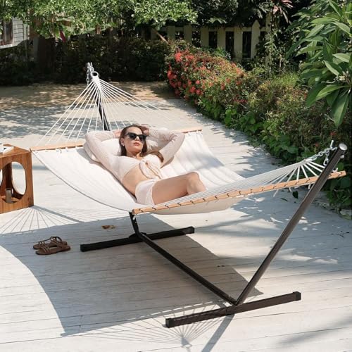 Lazy Daze 12FT Double Quilted Hammock with Spreader Bar for Outside Natural | 2 Person Heavy Duty Hammock with Detachable Pillow and Carabiners for Outdoor Backyard Poolside, 450lbs Weight Capacity - color: Natural