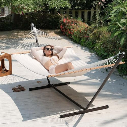 Lazy Daze 12FT Double Quilted Hammock with Spreader Bar for Outside Natural | 2 Person Heavy Duty Hammock with Detachable Pillow and Carabiners for Outdoor Backyard Poolside, 450lbs Weight Capacity - color: Natural