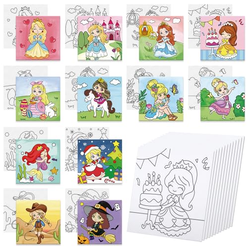 Anseal 12 Packs Pre Drawn Canvas to Paint, 4" X 4" Priness Pre-Printed Canvas Paint Party, Stretched Outline Painting Boards for Beginners, Party Favor - style: Priness