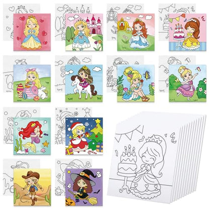 Anseal 12 Packs Pre Drawn Canvas to Paint, 4" X 4" Priness Pre-Printed Canvas Paint Party, Stretched Outline Painting Boards for Beginners, Party Favor - style: Priness