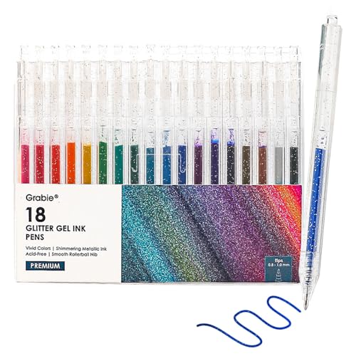 Grabie 18 Color Glitter Gel Pens, Retractable Sparkle Art Pens | Retractable Design, Smooth Gel Ink, Sparkling Finish, Acid Free Ink, Quick Drying, Coloring Books, Journaling, Drawing - color: 18 Colors Retractable Glitter Gel Ink Pens