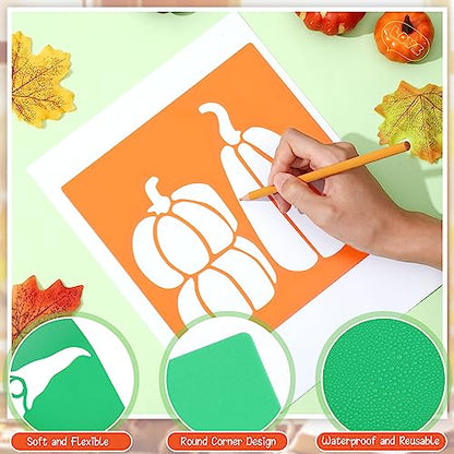 Henoyso 24 Pcs Fall Thanksgiving Stencil for Kids 8 Inch Reusable Templates | Plastic, Drawing Painting Templates, Autumn Pumpkin Maple Leaf, Yellow, Orange, Wood Paper Scrapbook, Wedding DIY Art Crafts - style: Fall Style