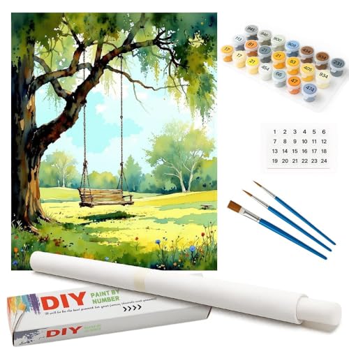 Nature Paint by Numbers Kit for Adults - DIY Wooden Swing Hanging from Tree in Sunny Meadow Painting on Rolled Canvas 16x20 Inches, Acrylic Paint Set for Beginners, Art for Home Decoration or Gifts - color: HSX00366, size: 16X20IN Rolled