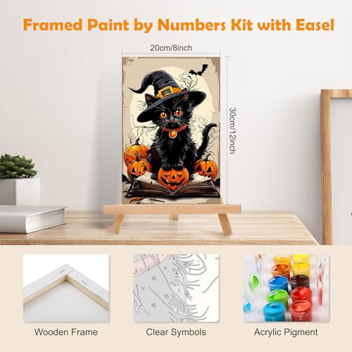 MOGTAA Halloween Paint by Numbers Kit for Adults Beginners with Frame, Black Cat Adult Paint by Number Kits on Canvas with Easel, Easy DIY Oil Painting Kits for Home Decor, 8x12in - color: Cat