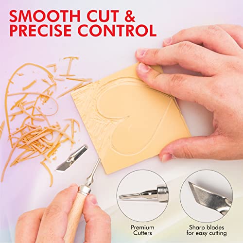 Marabu Block Printing Kit - Linocut with 3 x 100ml Ink, Cutter, Rubber Block, and Brayer Roller Linoleum Printmaking Kit, Starter 6pc Set, Multicolor