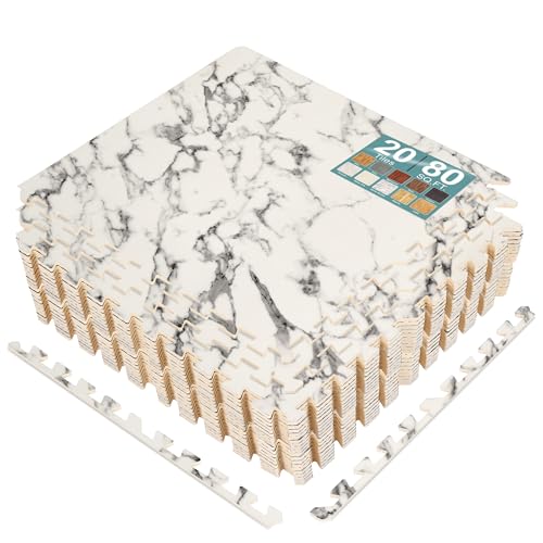 Sorbus Interlocking Wood Grain Foam Floor Tiles (20 Pack, White Marble) | 3/8-inch EVA floor mats with borders suit playrooms, basements and home gyms, plus trade show flooring and dance areas. - color: White Marble, size: 20 Pack