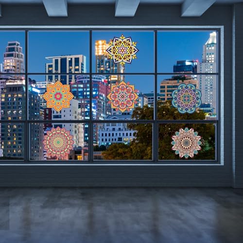 Diamond Art Stained Glass Window Clings, 12 Pcs DIY Mandala Window Stickers | PVC material, 7 inches, diamond DIY pen and markers, craft hobby for women, creative art kit, home decor, adhesive backing