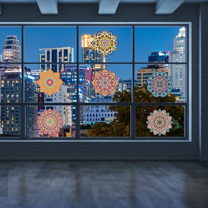 Diamond Art Stained Glass Window Clings, 12 Pcs DIY Mandala Window Stickers | PVC material, 7 inches, diamond DIY pen and markers, craft hobby for women, creative art kit, home decor, adhesive backing