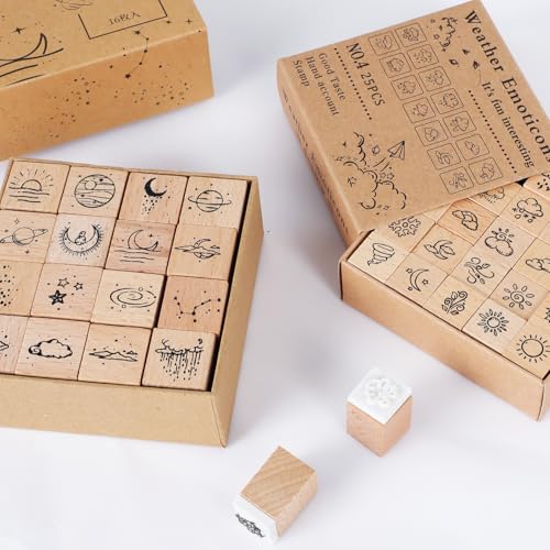 41 Pieces Wooden Rubber Stamp Set, Moon Star Various Weather Patterns Wood Stamps for Journal, Diary, Scrapbook, Planner, Letter, DIY Craft, Card Making(2pcs Weather and Galaxies) - color: 2pcs Weather and Galaxies