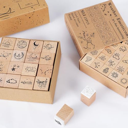 41 Pieces Wooden Rubber Stamp Set, Moon Star Various Weather Patterns Wood Stamps for Journal, Diary, Scrapbook, Planner, Letter, DIY Craft, Card Making(2pcs Weather and Galaxies) - color: 2pcs Weather and Galaxies
