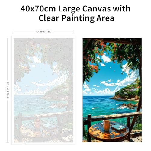 ARTGOTO Large Paint by Numbers for Adults Seaside Cafe View | 15.7x27.5inch/40x70cm Paint by Number Kit on Canvas, Tropical Ocean Balcony Acrylic Painting Set with Brushes, No Frame - color: PBN063