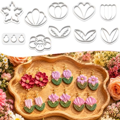 10 Pcs Flower Polymer Clay Cutters for Earrings Making | Floral Clay Cutter Set with Tulip & Multi-Size Flower Shapes, Spring Clay Cutters for Polymer Clay Jewelry - color: Flower