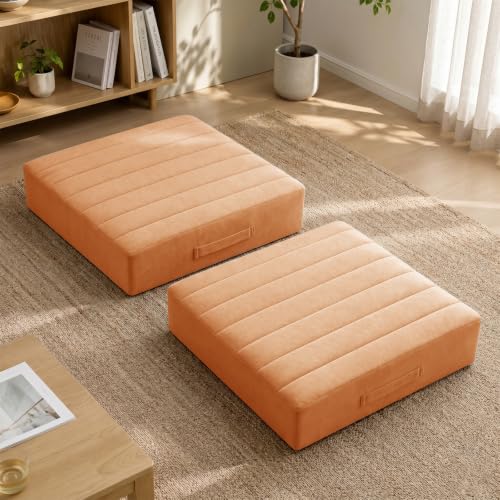 JKMAX 2 Pcs High Density Foam Floor Pillow - Upgraded Large Pillows Seating for Adults - Outdoor Floor Cushion with Soft Tufted Cover - Yoga Pillows for Sitting On Floor - 22 Inch Orange - color: Orange, size: 2 Counts