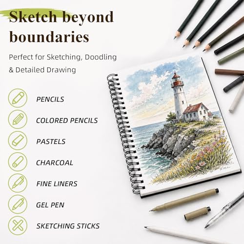 Conda 8.5"x11" Hardbound Sketch Book, 80-Sheets 90gsm Double-Sided Hardcover Sketchbook, Spiral Sketch Pad, Durable Acid Free Drawing Art Paper for Adults - color: Black, size: 8.5"x11" 1 Pack