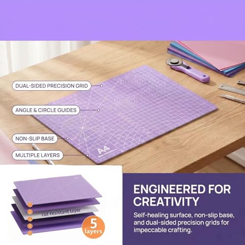 A4 Self-Healing Cutting Mat, Double-Sided Craft Mat with Grid Lines, Precision Rotary Cutting Board for Office Desk, Art Craft, Sewing, Hobby, and DIY Projects - 9x12 Inches - color: Purple