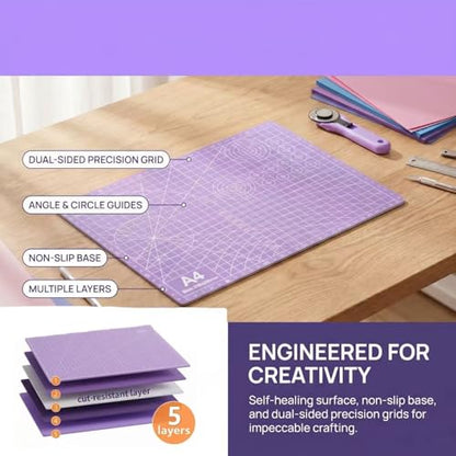 A4 Self-Healing Cutting Mat, Double-Sided Craft Mat with Grid Lines, Precision Rotary Cutting Board for Office Desk, Art Craft, Sewing, Hobby, and DIY Projects - 9x12 Inches - color: Purple