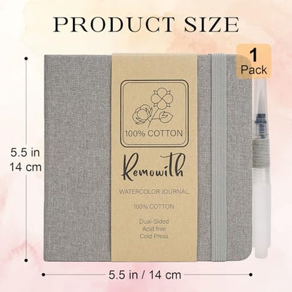 Watercolor Journal Sketchbook 5.5x5.5 24 Sheets Gray | Cotton paper, 140 LB 300 GSM, Linen cover, Tap Water Pen, Travel sketching - color: Gray, size: 5.5x 5.5 Inch