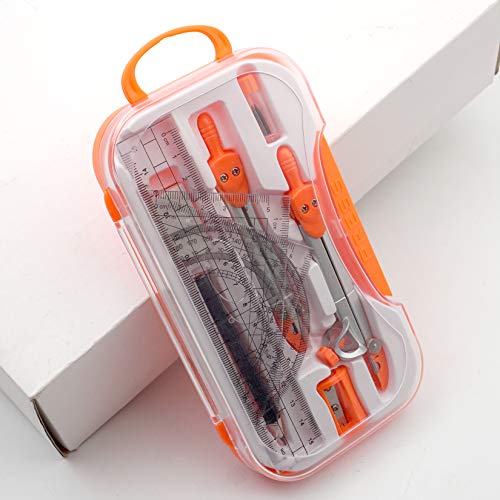 Maths Compasses for Geometry Student Drafting Compass Set Starter Kit with Protractor, Set Squares with Case for School Maths Study, Orange