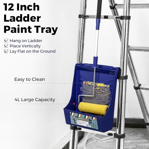 15pcs Paint Roller Kit - 12" Ladder Paint Tray, 9" Extendable Paint Roller (18-36 Inch), 4" 2" Mini Roller Frame with Microfiber Covers, Large Paint Kit for Painting Walls, Ceilings, Floors