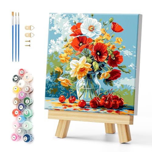 Natuyalo Framed Paint by Number Kits for Adults Beginners, Flowers in Vase Easy Acrylic Adult Paint by Number Kits, Cherry DIY Painting by Numbers Kits with Frame Ideal Gift 12x12 Inch - color: Color-01