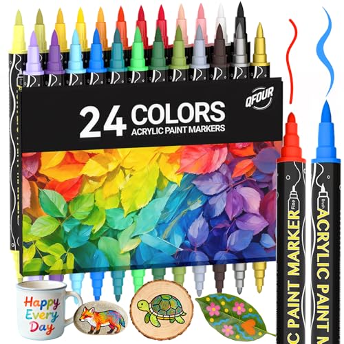 24 Colors Acrylic Markers, Dual Tip Acrylic Paint Markers | Fine & Brush Tip Paint Markers for Rock, Wood, Canvas, Glass, Ceramic, Fabric, DIY Crafts, Art Supplies with Bonus Cards - color: 24 Colors