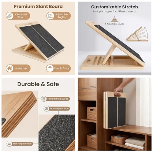 Adjustable Wooden Slant Board for Calf Stretching, Portable Wooden Incline Board Fitness Equipment, Balance Block for Knees Ankle Heel Feet Leg
