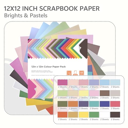 12x12 Scrapbook Paper 48 Sheets 120 gsm 32 lb Brights Pastels & Brights 24 Color Cardstock Paper for Cricut Maker, Scrapbooking, Paper Crafting