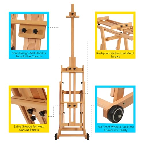 MEEDEN Versatile Studio H-Frame Easel - All Media Adjustable Beech Wood Studio Easel, Painting Floor Easel Stand, Movable and Tilting Flat Available, Holds Canvas Art up to 77" - style: Natural