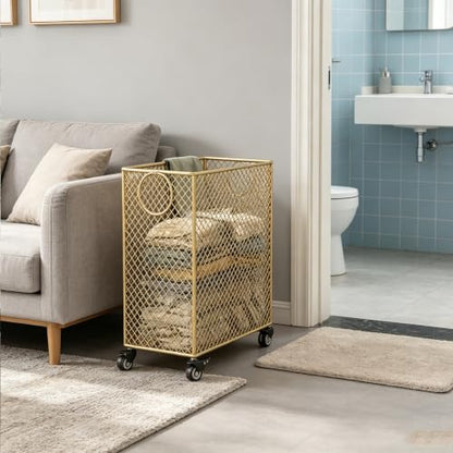 Gold Metal Basket with Wheels, Rolling Laundry Hamper Cart, Mesh Wire Laundry Basket, Yoga Mat Storage Rack,Large Capacity Dirty Clothes Organizer for Bedroom Living Room(17"W x 9"D x 20.5"H, Black) - color: Black