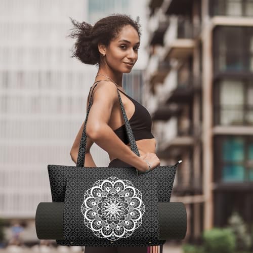 Yoga Bag for Women, Large Canvas Yoga Mat Tote Bag with Yoga Mat Carrier | Large Mat Pocket Fitness Tote for Pilates, Gym, Travel, Office & Beach - color: Black Mandala