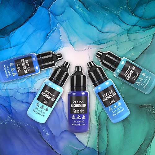 Pixiss Blue Alcohol Ink Set - 5 Shades of Highly Saturated Alcohol Ink for Epoxy Resin Supplies, Yupo Paper, Tumblers, Coasters - Resin Colorant for Epoxy Resin and Resin Art Supplies