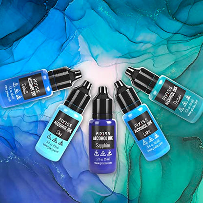 Pixiss Blue Alcohol Ink Set - 5 Shades of Highly Saturated Alcohol Ink for Epoxy Resin Supplies, Yupo Paper, Tumblers, Coasters - Resin Colorant for Epoxy Resin and Resin Art Supplies