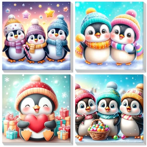 Bowetile 4 Pack Framed Paint by Numbers Christmas for Adults Beginners, Adults' Paint-by-Number Penguin Kits on Canvas, DIY Acrylic Number Painting Crafts Kits Christmas Gifts for Home Decor, 8x8in - color: Penguin