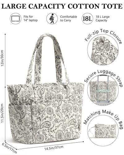 Bagstellar Quilted Tote Bag for Women Teacher Nurse Cotton Laptop Work Tote | Top Zip Closure Puffer Nursing School Travel Tote Bags with 40oz Cup Holder, Lightweight 14” Computer Shoulder Handbag Purses - color: Paisley