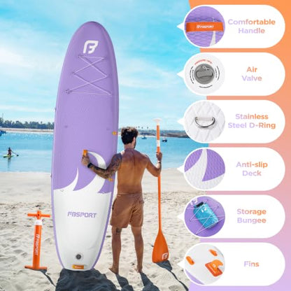 FBSPORT 11' Premium Stand Up Paddle Board, Yoga Board with SUP Accessories & Carry Bag | Wide Stance, Surf Control, Non-Slip Deck, Leash, Paddle and Pump for Youth & Adult - color: Light Purple